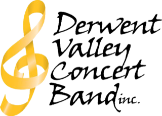 A golden treble clef next to black text that says Derwent Valley Concert Band