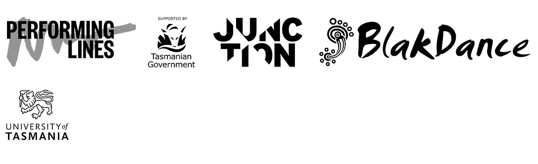 A selection of black logos on a white background - Performing Lines, Tas Government, Junction Arts, Blak Dance, UTAS