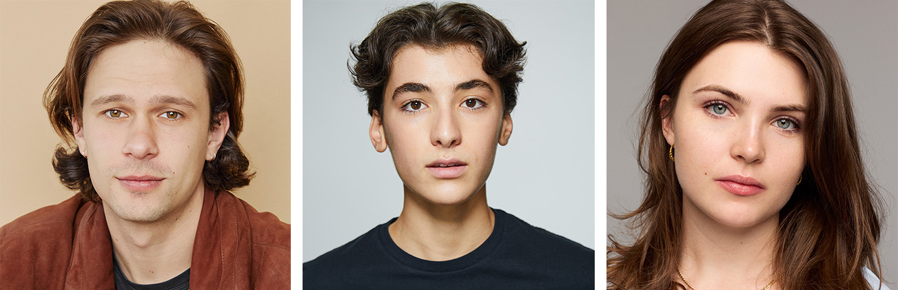 Head shots of three young actors, in their late teens to early 20's 