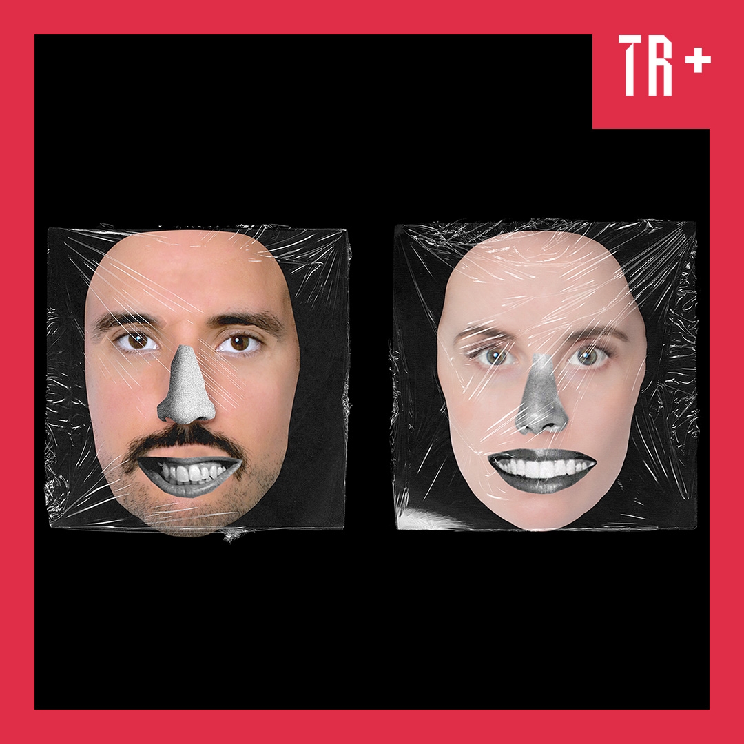 Image: supplied A collage image featuring two faces covered in plastic wrap on a black backgroung. The faces have overlaid photocopied noses, a moustache and lips.