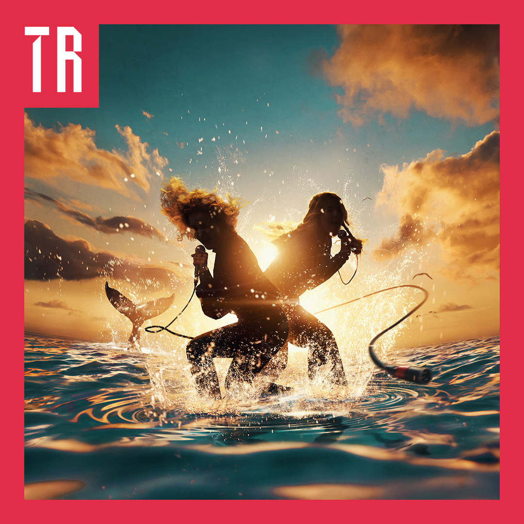 Image: supplied A fantastical image featuring 2 silhouettes or human/mermaid like characters bursting out of the water with microphones