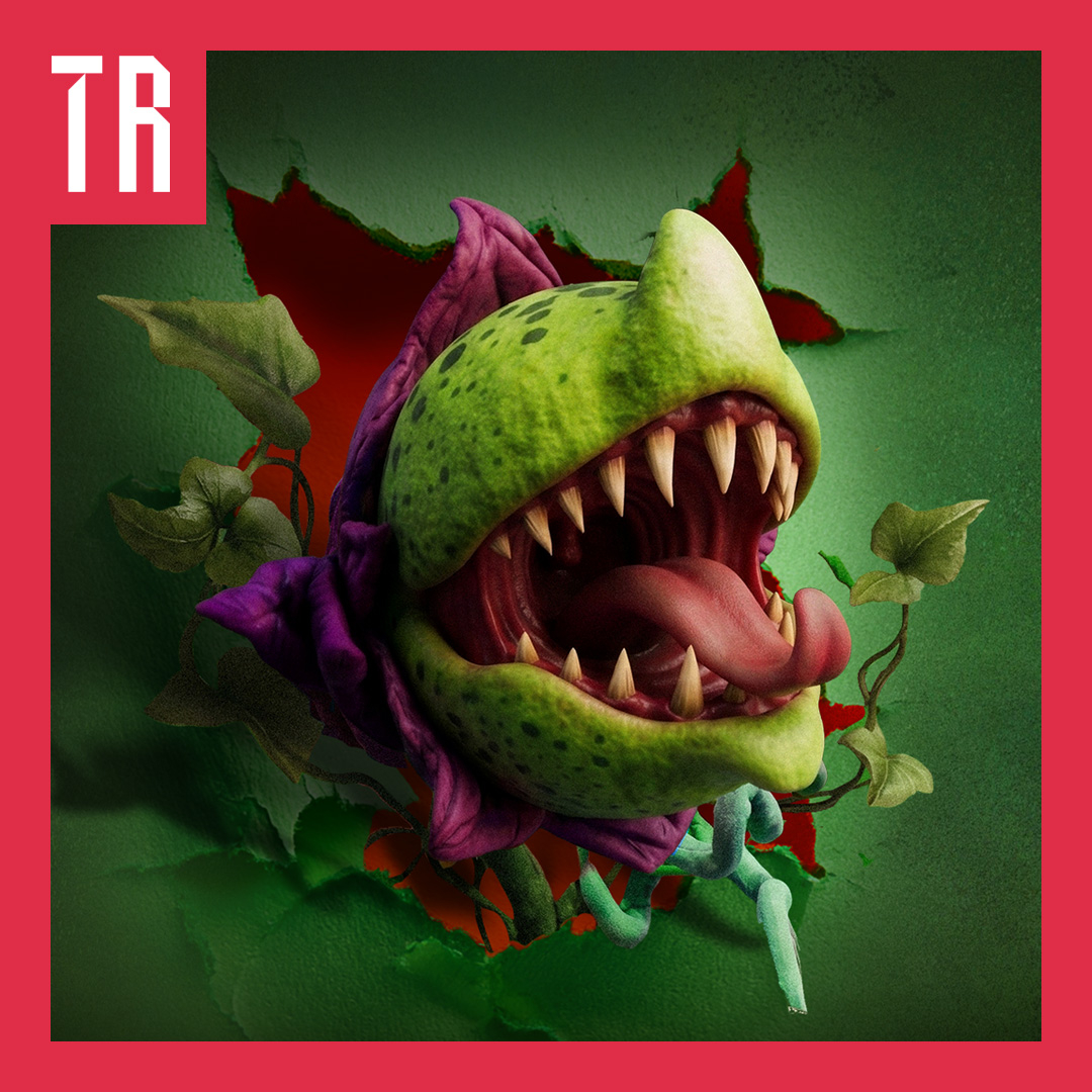 Image: supplied A stylized green carnivorous plant monster with purple leaves, a wide mouth full of sharp teeth, and a protruding tongue, emerging from a leafy green background with red accents.